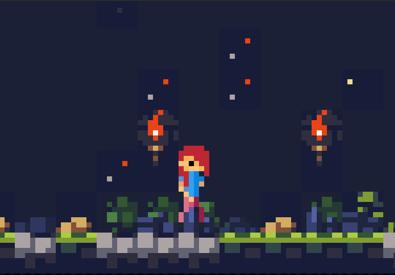A scene of a pixelated character in a vibrant dungeon scene. A scene of a pixelated character in a vibrant dungeon scene.