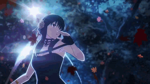 Yor from Spy X Family spinning a blade in a dark forest. It ends with her catching a falling flower at the very tip of the blade.